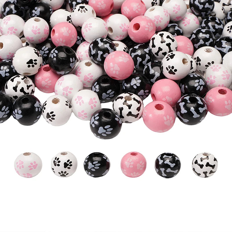 10Pcs 16/20mm Wooden Dog Paw/Christmas Pattern Round Beads Loose Spacer Beads To Make Bracelet Charms Jewelry Making Accessories