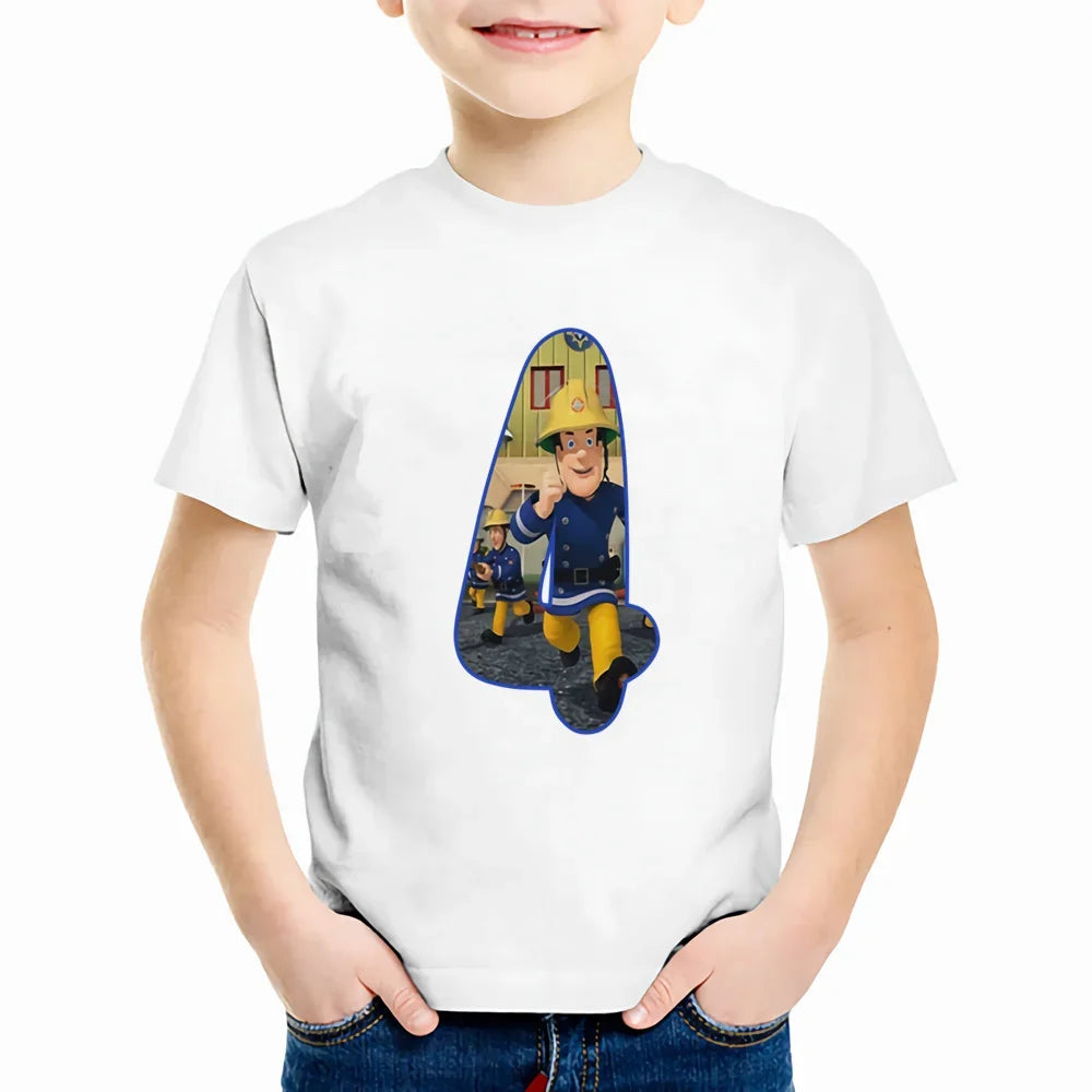 Baby Kids Cartoon Birthday Number 1-9 Print T Shirt Fireman Sam Children T-shirts Boys Girls Funny Gift Summer Clothes,YKP022
