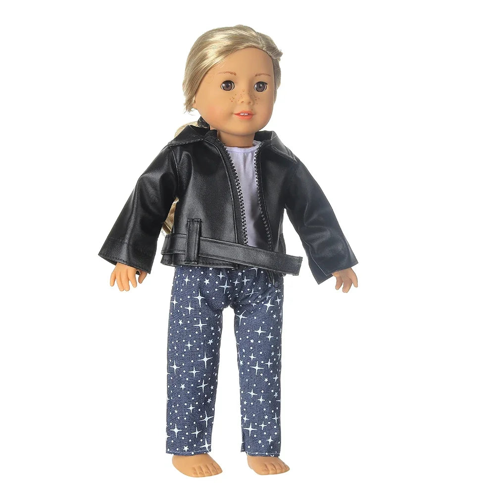 1 Set Leather Coat+T-shirt+Pants Doll Clothes Set For 17 Inch&43cm New Born Baby Doll Outfit For American 18 Inch Girl Dolls Toy