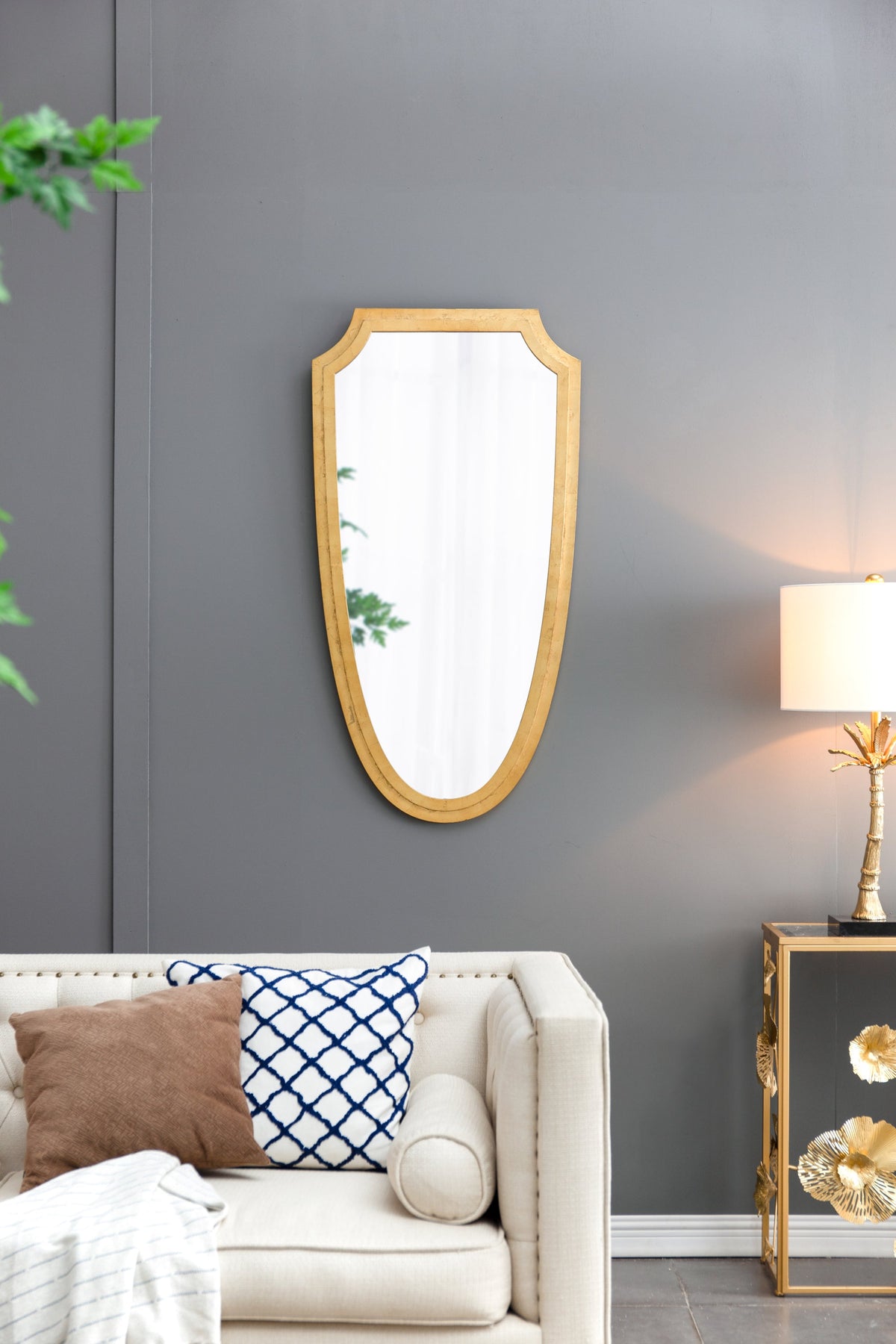 Shield-Shaped Gold Metal Frame Wall Mirror, 24 × 46 in