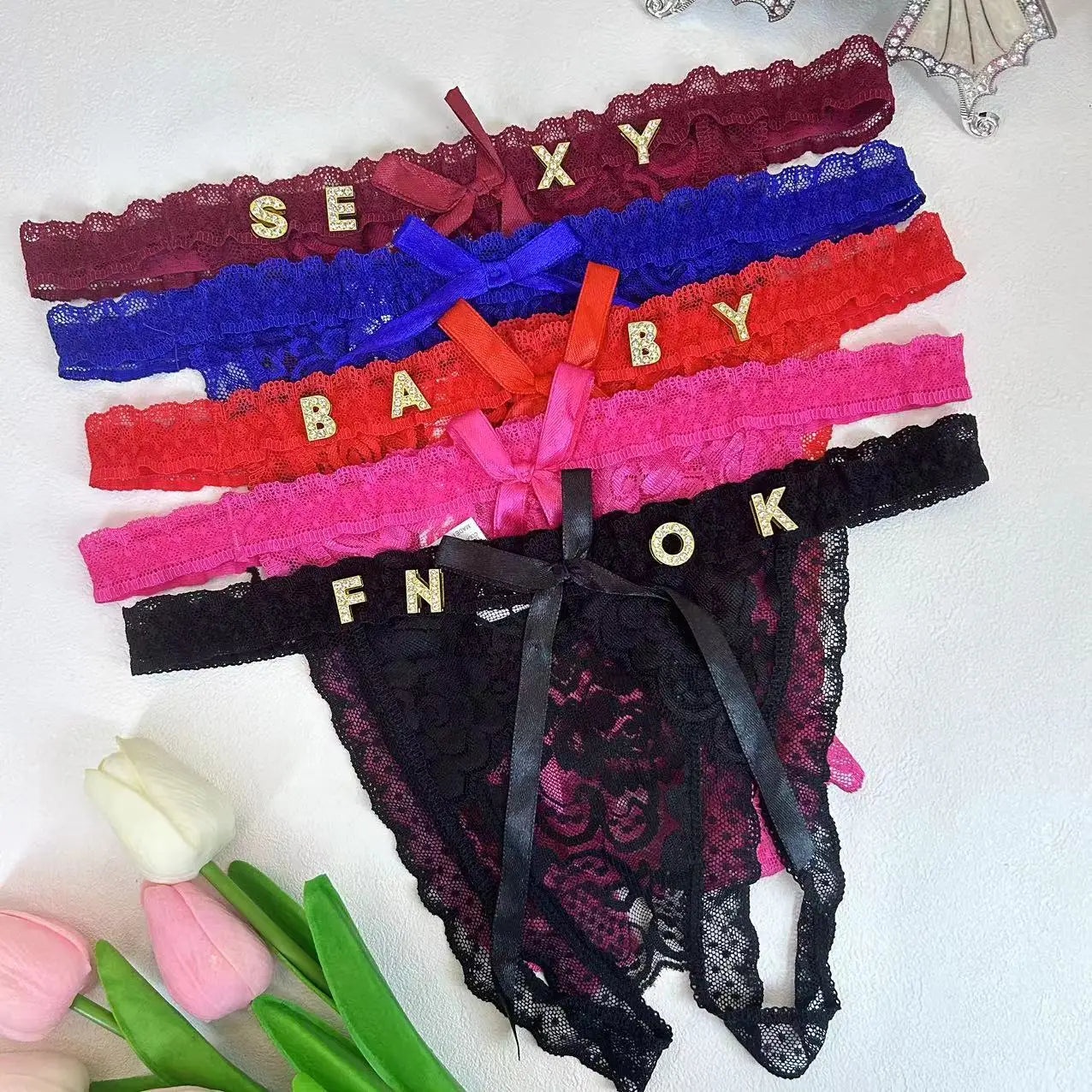Custom Name Thong Sexy Lace Bowknot For Women Personality Panties With Crystal Letter Customize Hotwife Lingerie Gifts For Wife