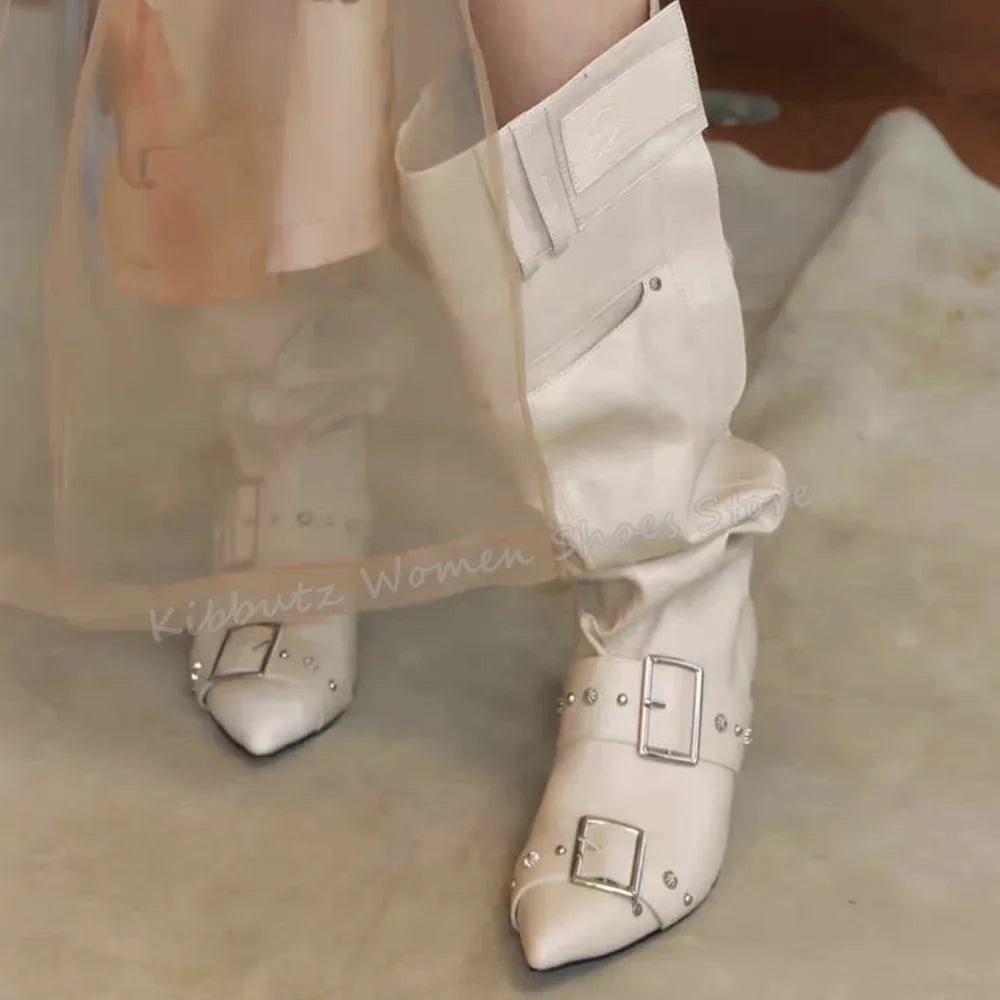 Pant Calf Rider Boots Rubbed Stacked Vintage Elegant Concise Sexy Wide Mouth Genuine Leather Slip-On Belt Buckle Women Shoes New