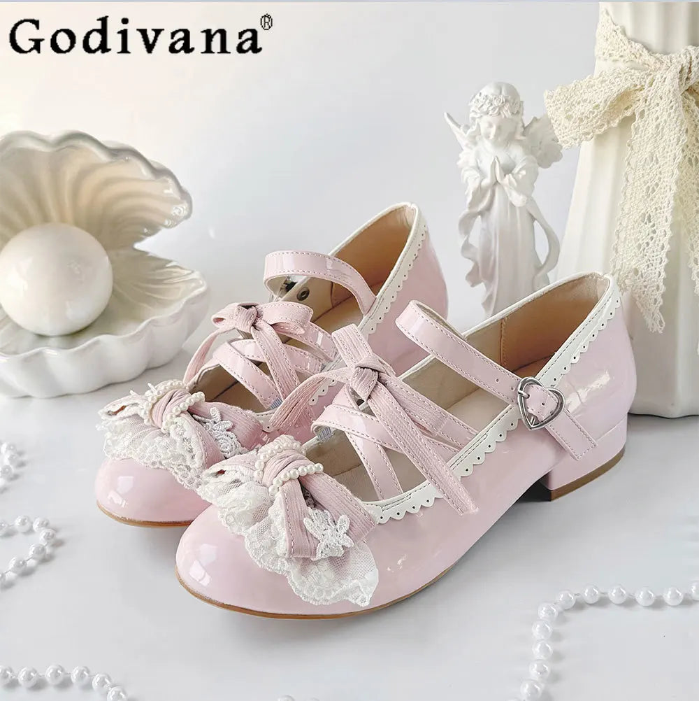 Original Lolita Style Pink Mary Jane Shoes Autumn New 2025 Japanese Girls Sweet Elegant Bow Low Heels Y2k Tea Party Pumps 2025