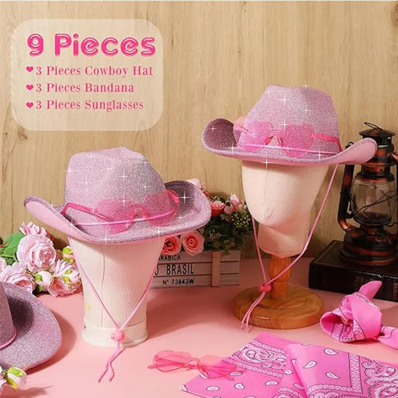 3Pcs/Set Sparkling Powder Denim Hat Sunglasses Square Scarf Girls Hen Bachelorette Party Decoration Photo Props Bridesmaid Gifts
