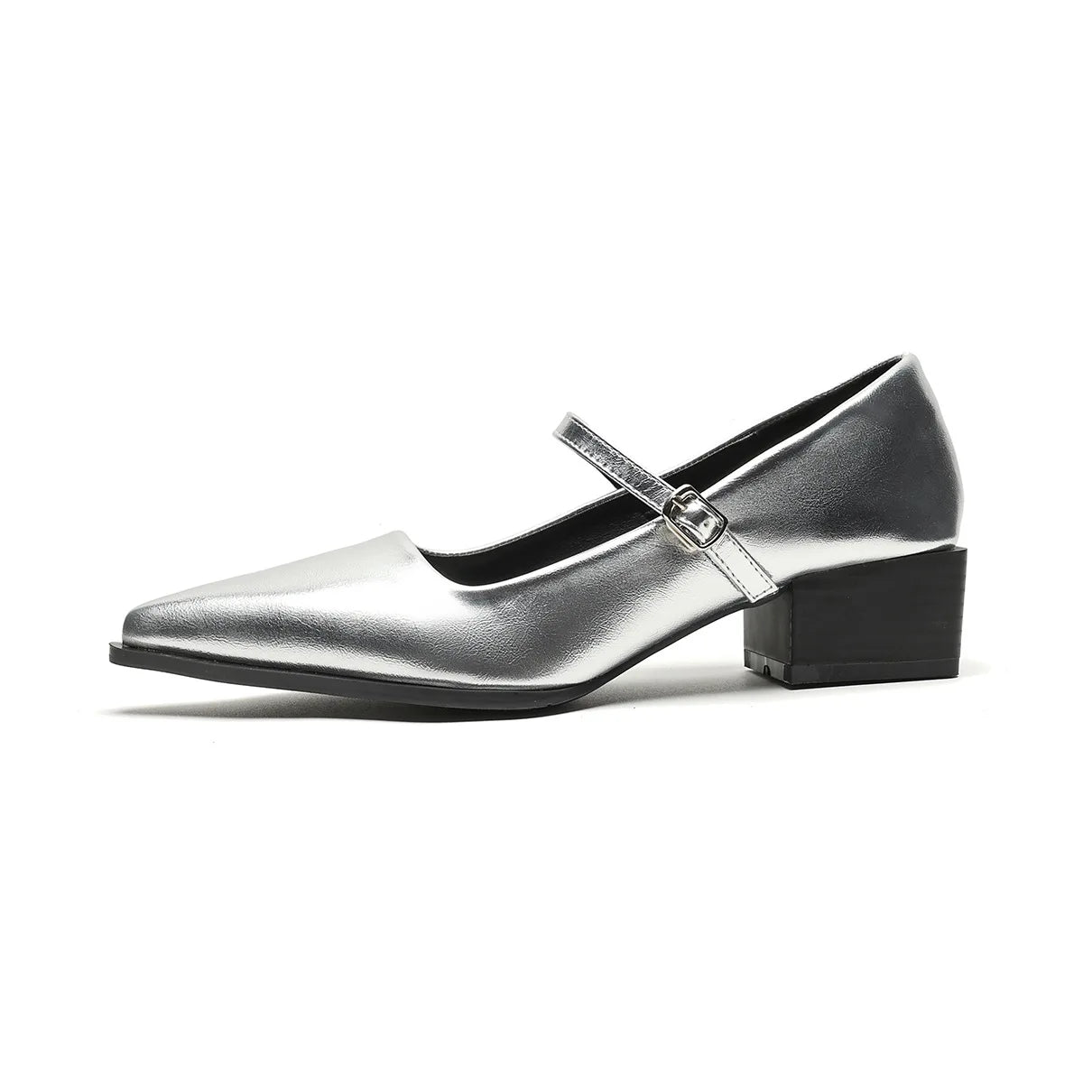 Women Chunky Heel Silver Mary Jane Shoes Spring New Women Pointed Toe Single Shoes Fashion Shallow Thick Heel Wedding Party Shoe