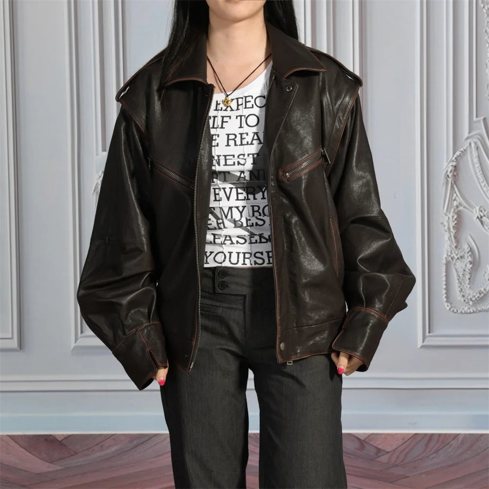 Jaxmonoy Women Sheepskin Jacket Lady Spring Fall Genuine Leather Coat Fashion Removable Sleeves Real Leather Jackets New Arrival