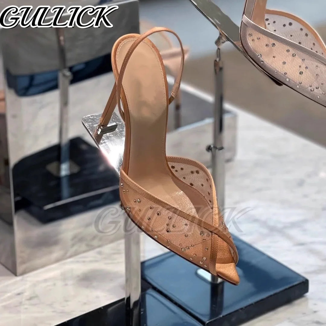 Rhinestones Heeled Sandals Pointed Toe High Heels Air Mesh Slip On Pull On Shoes Women Luxury Designer Slingback Sandalias 2025