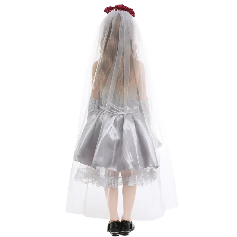 Girls Silver Gray Corpse Bride Cosplay Costume Angel Dress Kids Halloween Party Carnival Costume Fancy Dress