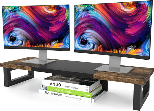 Dual Monitor Stand Riser Wood And Steel For Two Monitors