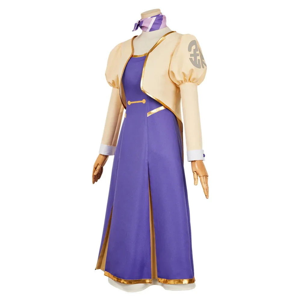 Anime Apocalypse Hotel Hotel Yachiyo Cosplay Apricot Short Coat Purple Dress Scarf Costume Manager Robot Wig  Woman Uniform Suit