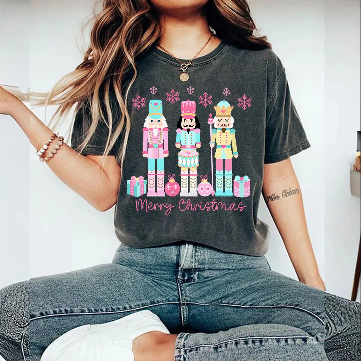 Pink Merry Christmas Bow Santa Claus Heat Transfer Patch Sticke Iron-On Decals T-shirts Sweatshirts Clothing Fabric Winter Decor