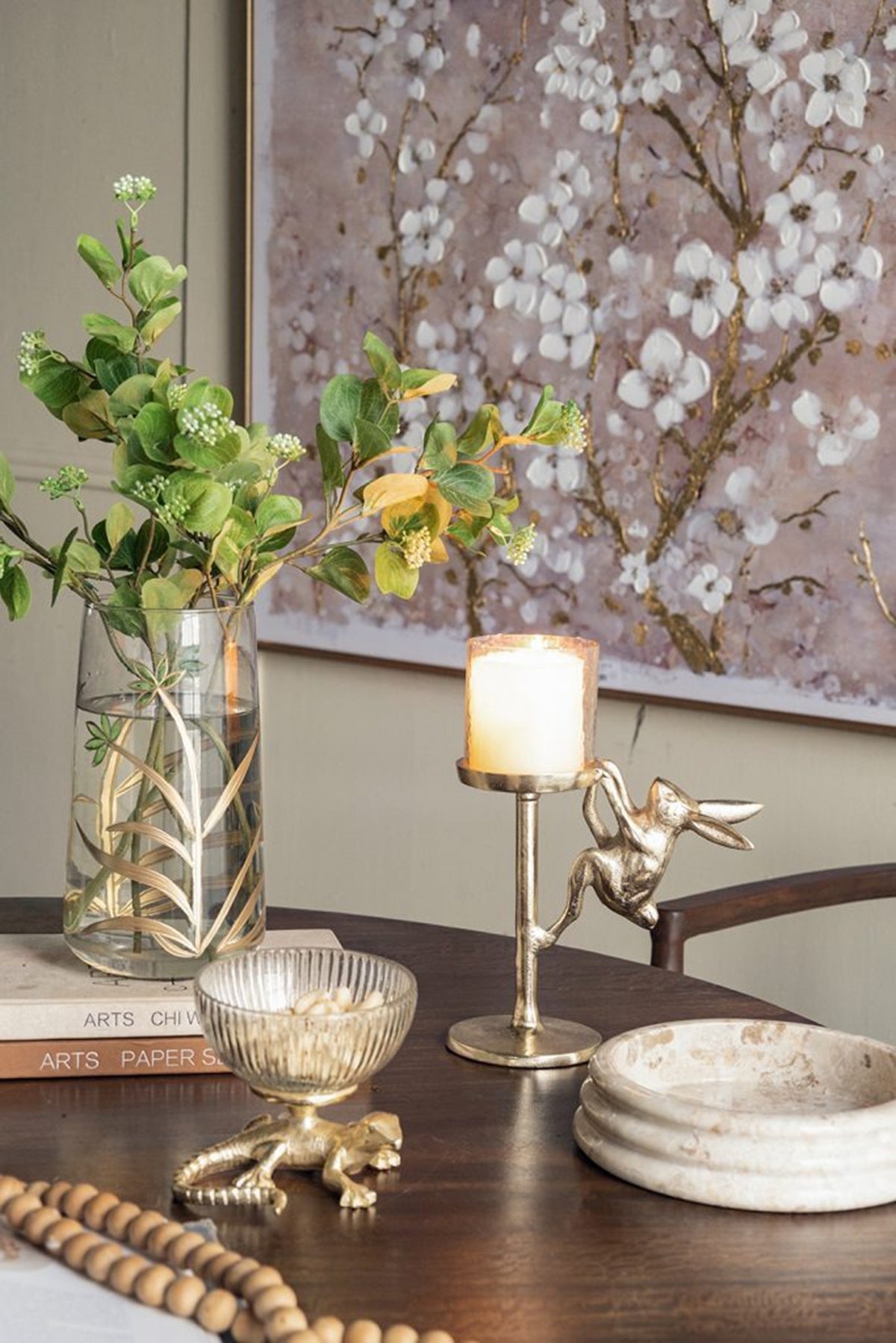 Gold Rabbit Pillar Candle Holder with Glass Hurricane, 11 in Tall