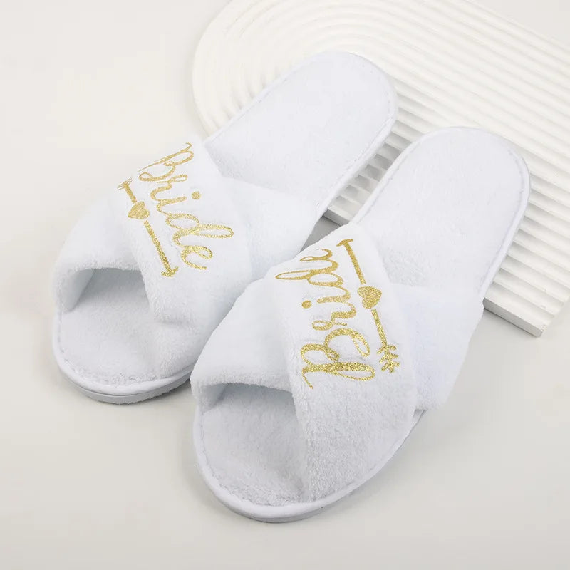 Wedding Party Guests Home Slip-on Letter Print Shoes, For Bride And Bachelorettes Bridal Party Cross Strap Disposable Slippers