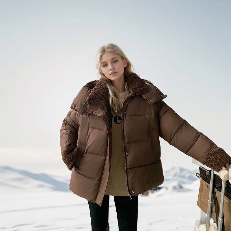 Winter Female's Parka Jacket Pure Color Zipper Lambswool Turn Down Collar Pockets Women's Coat Minimalsit Casual Coat For Women