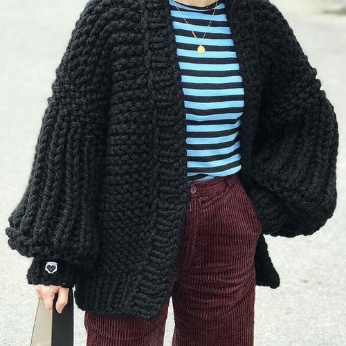 Long lantern sleeve black knitted cardigan Women loose sexy