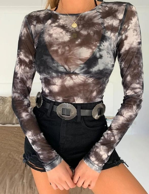Transparent sexy Tie-Dye T shirt Women slim floral print long