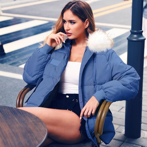 Sexy winter warm hooded down jacket Female fur collar pocket