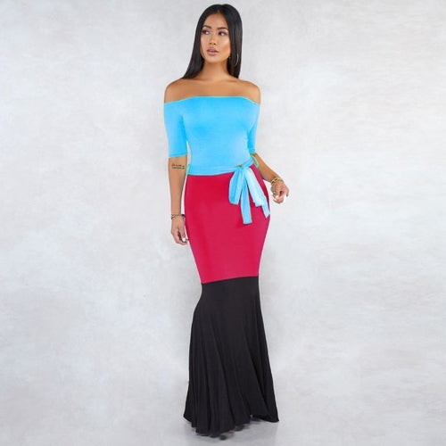 Patchwork off shoulder sexy dress Bodycon elegant sashes ball