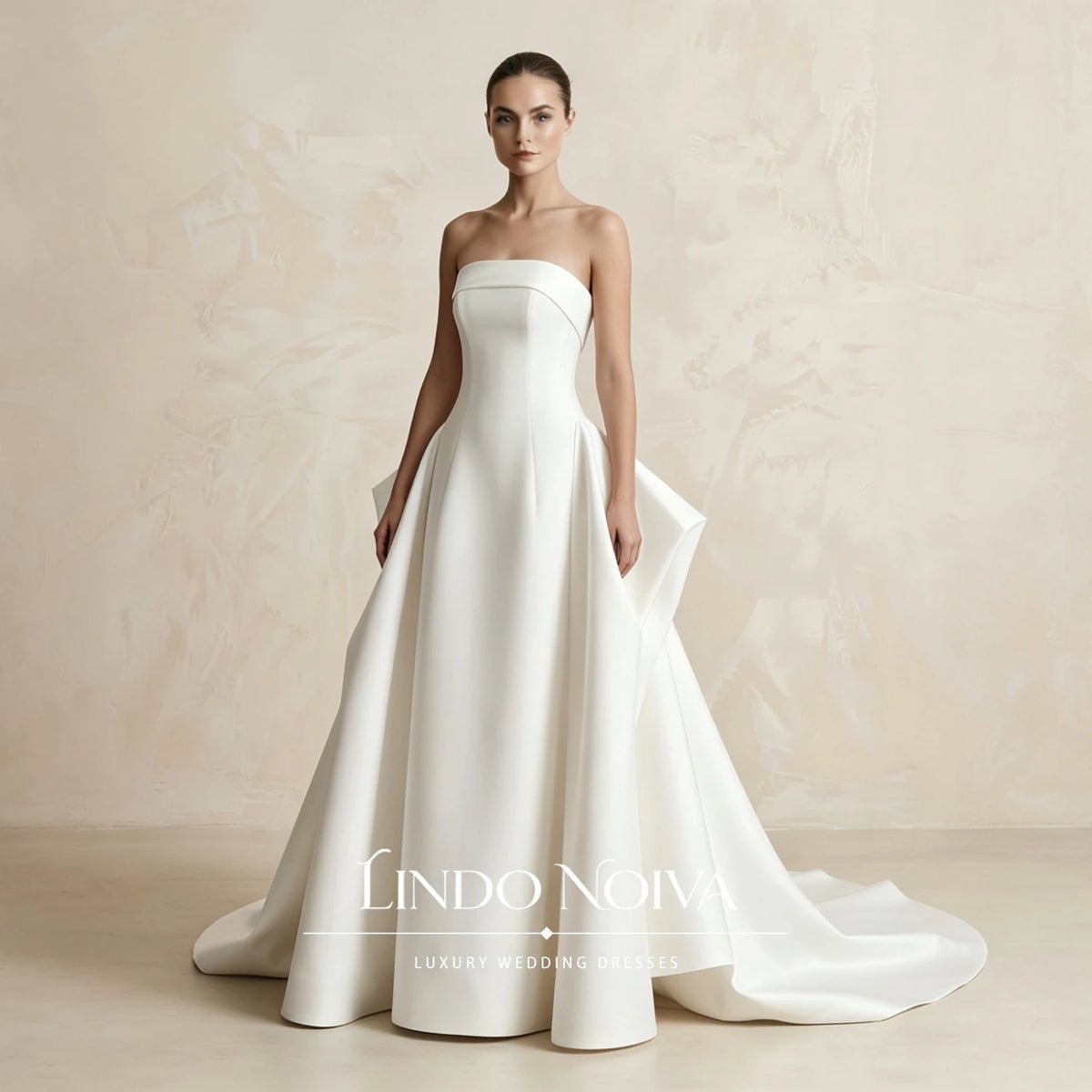LINDO NOIVA Strapless Satin Wedding Dress 3D Origami Big Bow A‑Line Bridal Gowns Minimalist Luxury Vestidos De Novia Customized