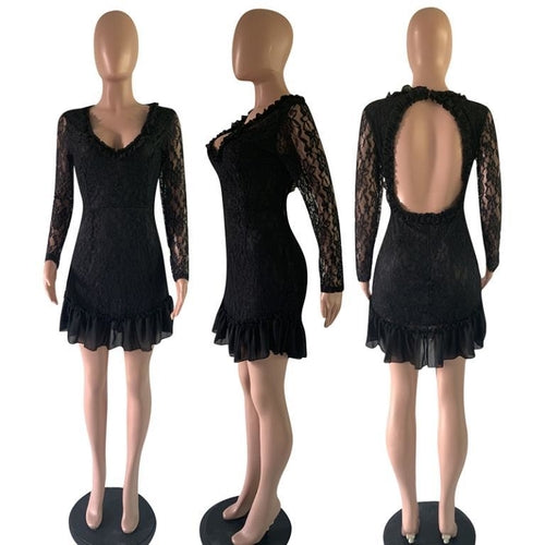 Elegant ruffle patchwork A-line black dress Sexy long sleeve