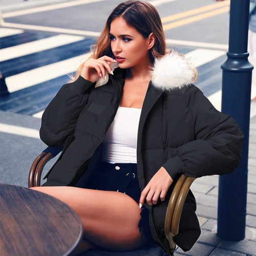 Sexy winter warm hooded down jacket Female fur collar pocket