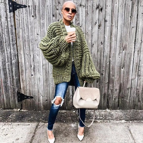 Long lantern sleeve black knitted cardigan Women loose sexy