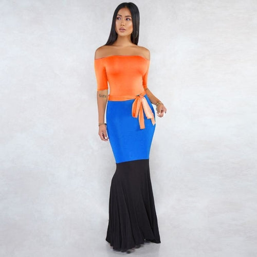 Patchwork off shoulder sexy dress Bodycon elegant sashes ball