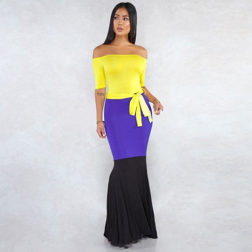 Patchwork off shoulder sexy dress Bodycon elegant sashes ball