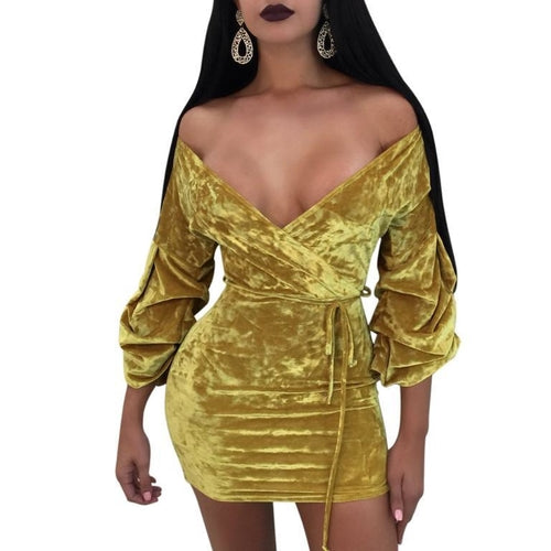 Yellow off shoulder velvet sexy mini dress Elegant lantern