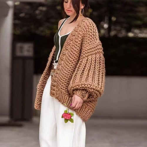 Long lantern sleeve black knitted cardigan Women loose sexy