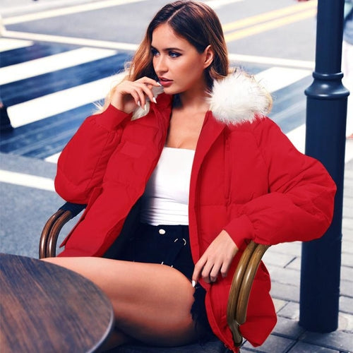 Sexy winter warm hooded down jacket Female fur collar pocket