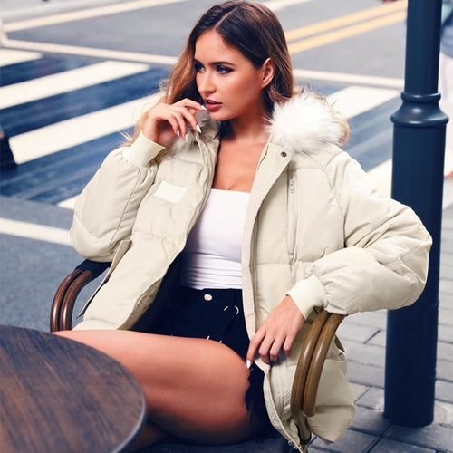Sexy winter warm hooded down jacket Female fur collar pocket