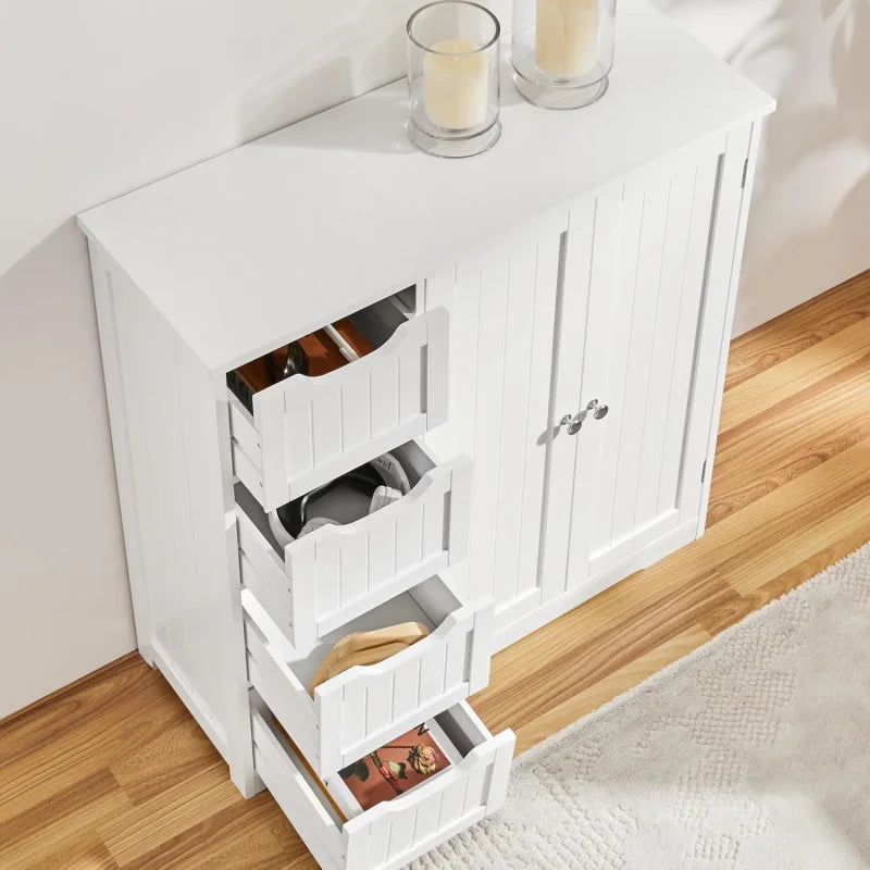 Wooden Bathroom Floor Cabinet, Side Storage Organizer Cabinet with 4 Drawers & Double Doors, Freestanding Entryway Sto