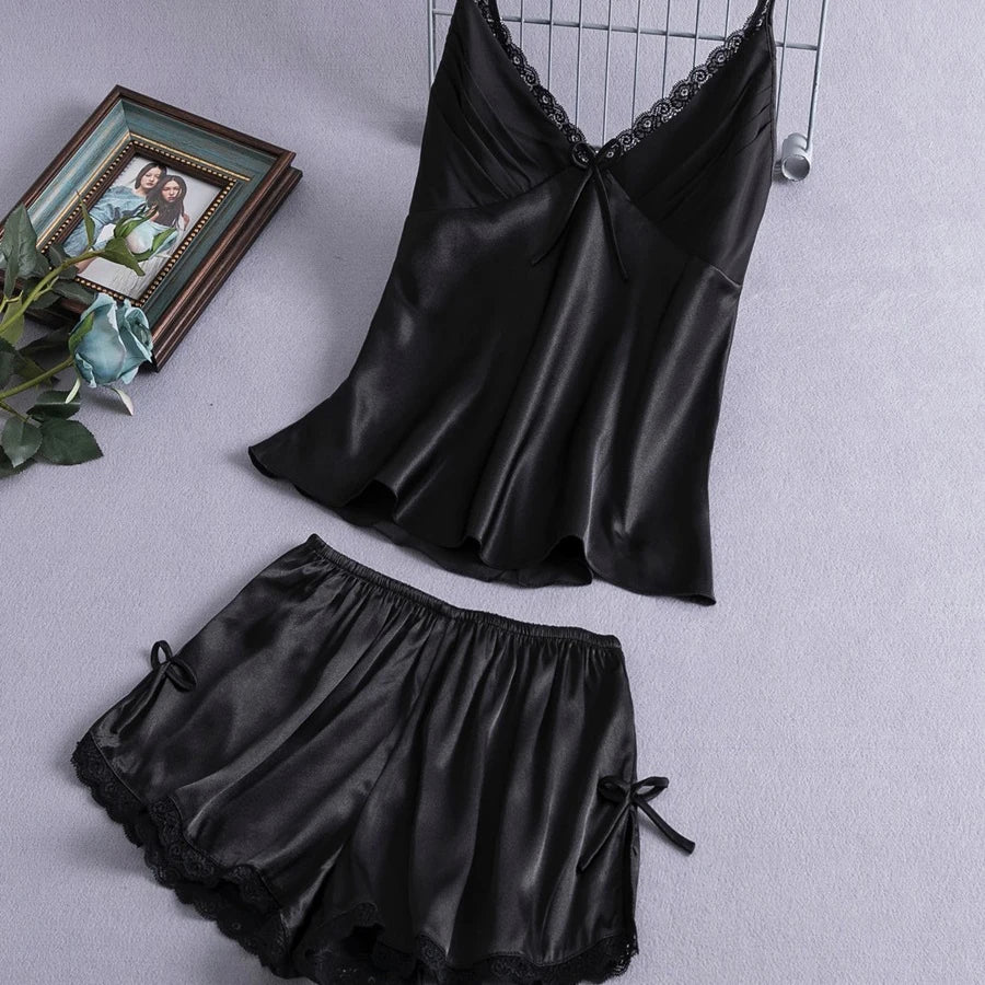 Elegant Champagne Strap Top&shorts Women Sexy Lace Trim Pajamas Suit Satin Nightwear Big Size 3Xl Home Clothes 2Pcs Lingerie