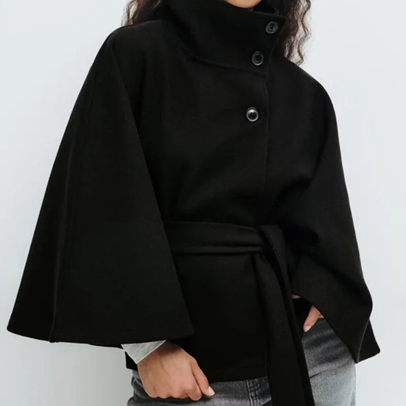 Stand Collar Sashes Patchwork Jackets, Women Autumn Winter Batwing Sleeve Chic Coats, 2025 Loose Holiday Solid Cloak Streetwear