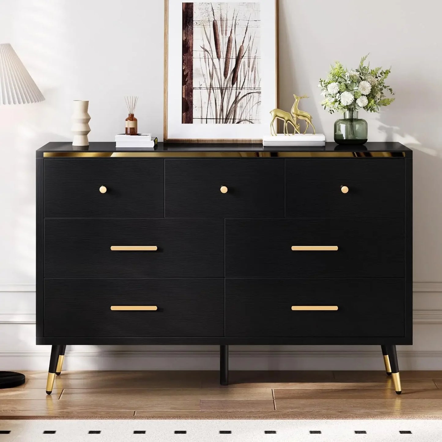 Black Dresser,7 Drawer Dresser with Wide Drawers and Gold Metal Handles, Wood Dressers & Chest of Hallway, Entryway