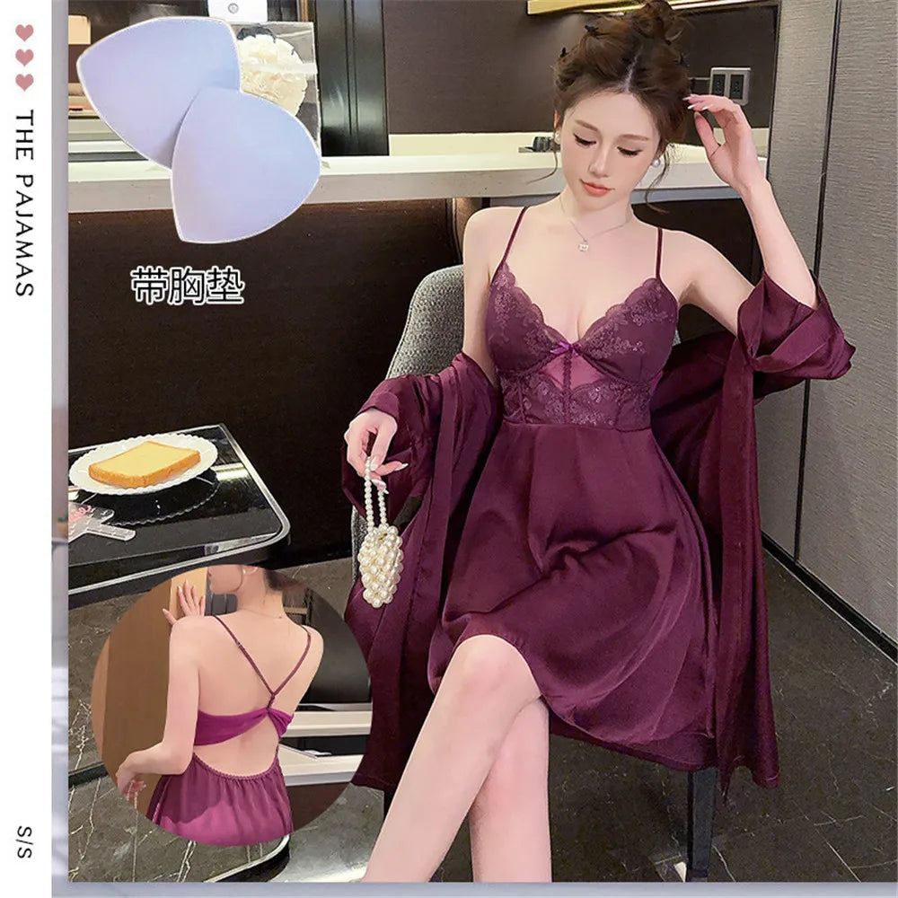 Women's Satin Silk Robe Sets Nightgown Robes Kimono Sexy Lingerie V Neck Night Dress Sleepwear Woman