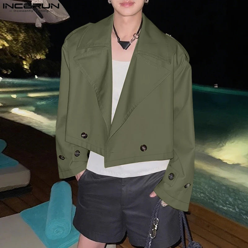 INCERUN Men Jackets Solid Color Lapel Long Sleeve Button Casual Crop Coats Men Streetwear Autumn 2025 Fashion Jackets Outerwear
