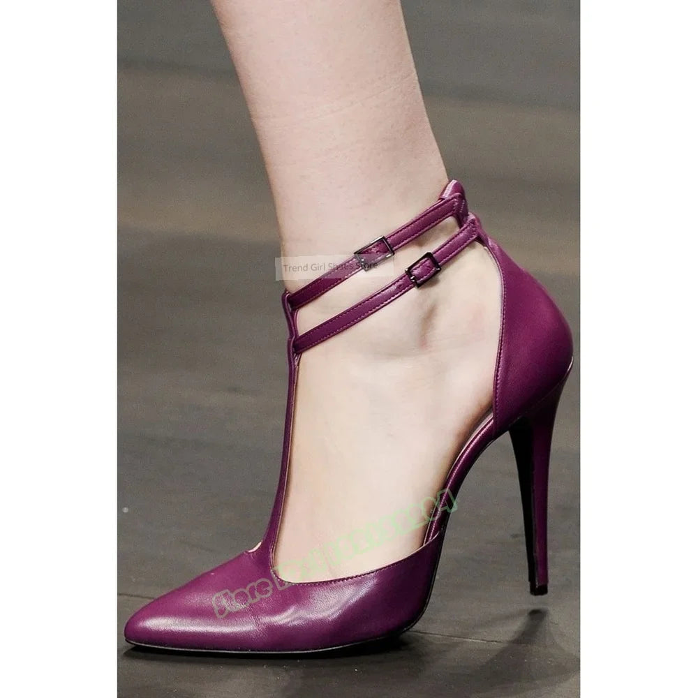 T Straps Buckles Sandals Pointy Toe Solid Leather Thin High Heels Shallow Sandals Women New Shoes Summer Party Designer Casual
