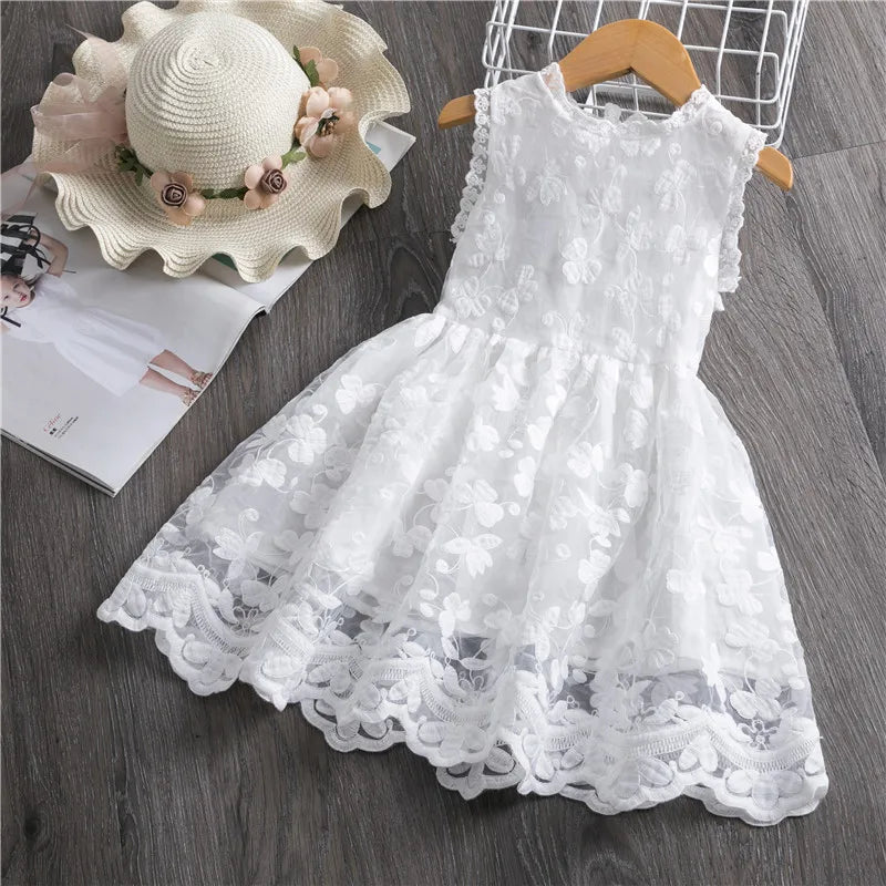 White Lace Cute Girl Princess Dress Fluffy Cake Dress For Girls Kids Wedding Party Birthday Tutu Gown Summer Sleeveless Vestidos