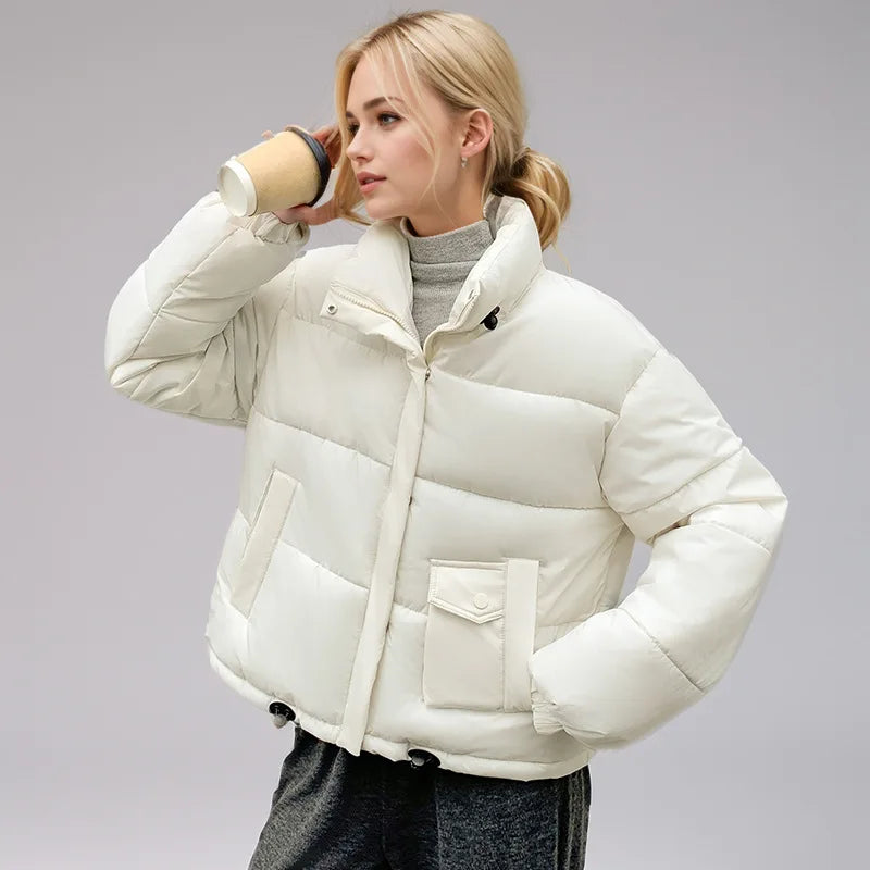 Women's Winter Parka Coat  Pure Color Stand Collar Patchwork Elastic Cuffs Lady's Quilted Jacket  Korean-Style Jacket For Female
