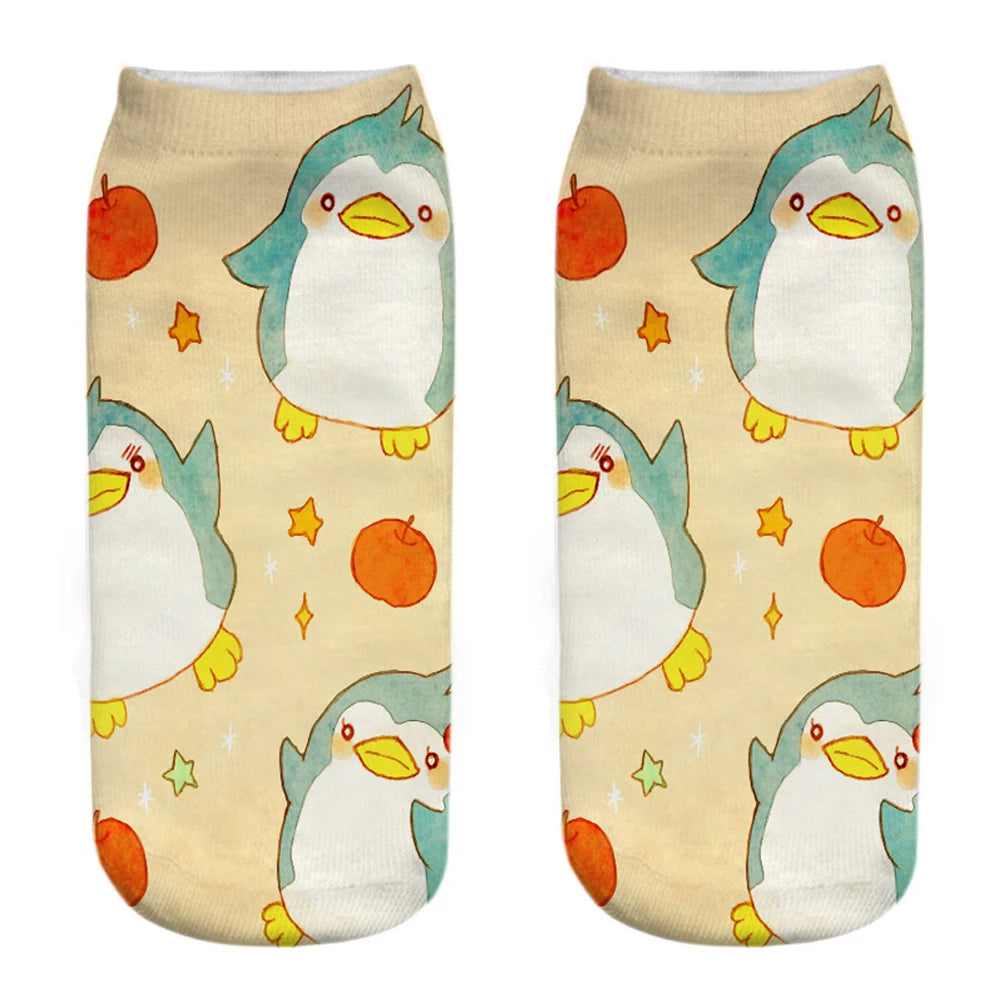 New Funny 3D Printing Cute Cartoon Singing Dancing Christmas Penguin Unisex Animal Series Short Ankle Socks Calcetines De Mujer