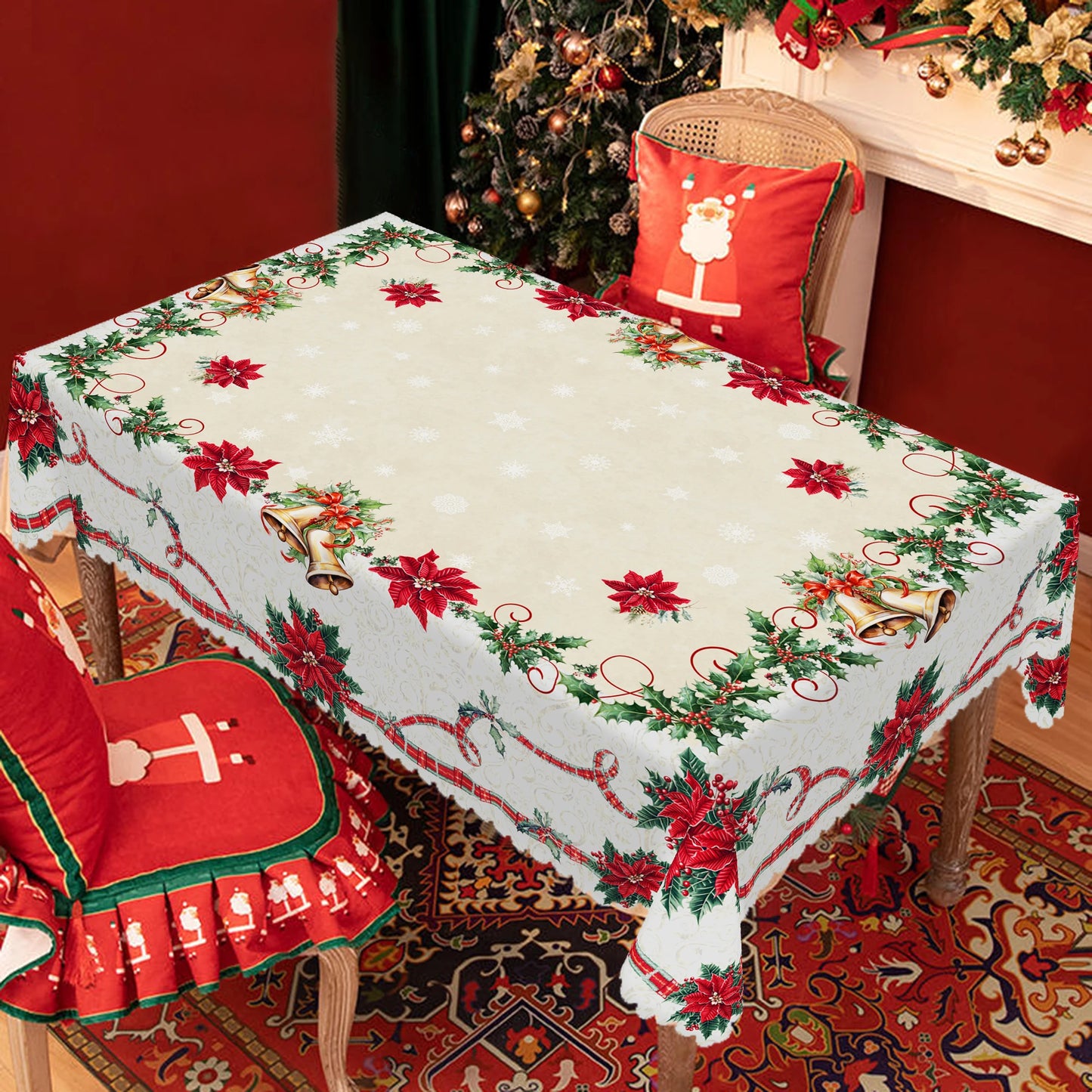 1 Piece Christmas Round and Rectangular Tablecloth, Available in Various Sizes, Christmas Retro Floral Print Pattern Tablecloth, Christmas Garden Tablecloth Decoration, Tablecloth for Daily Home Kitchen, Terrace, Gift