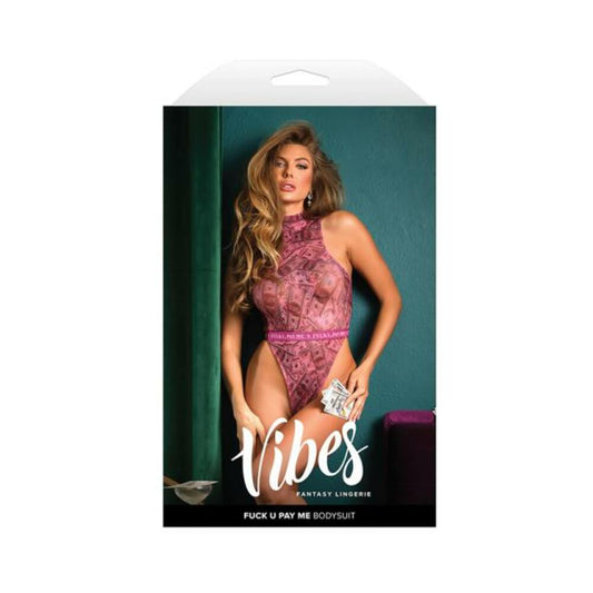 Fantasy Lingerie Vibes Fuck U Pay Me Money-print Sparkle Mesh Bodysuit