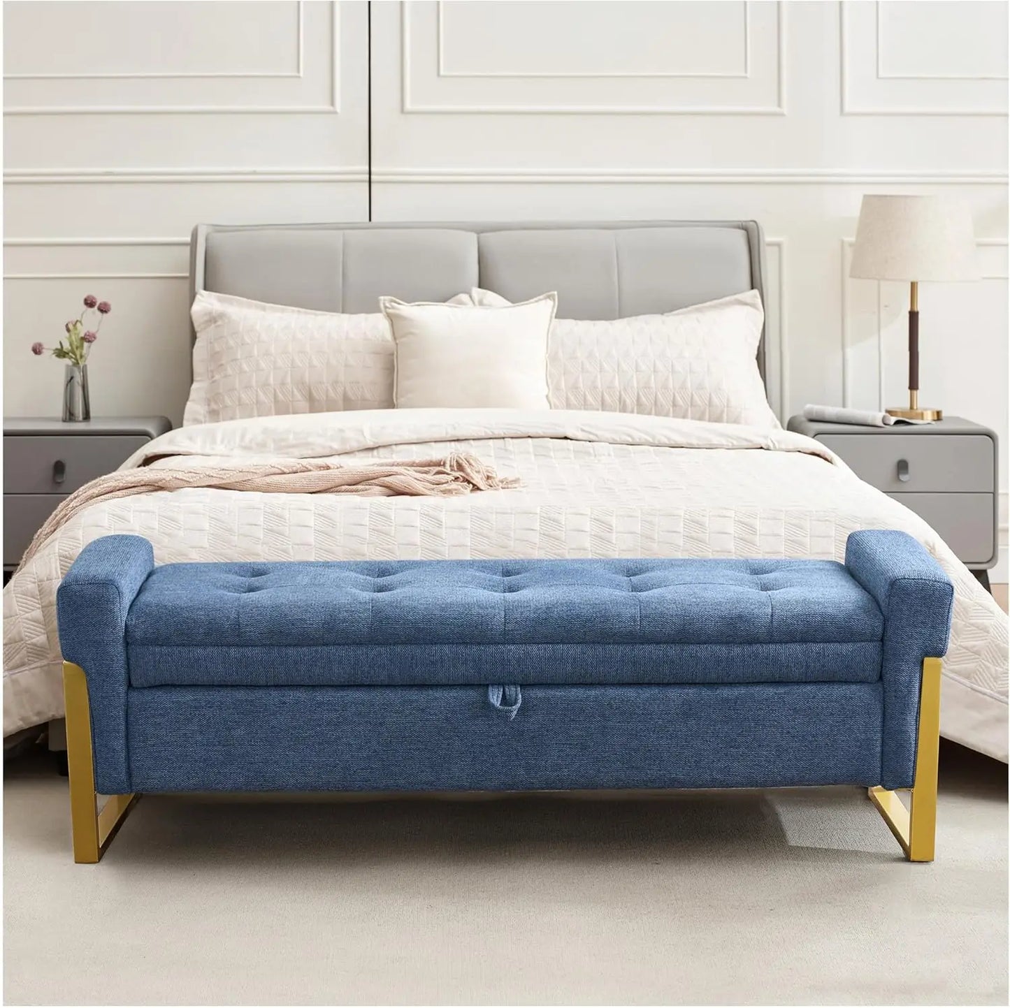 Storage Ottoman Bench, Upholstered PU Leather End of Bed Bench with Tufted Button&Gold Metal Legs for Bedroom