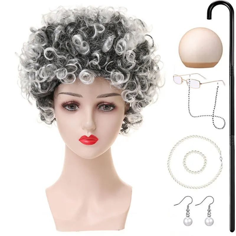 Halloween Granny Granny Grey Wig Grandpa Hair Granny Chartered Woman Curling Iron Wig Set
