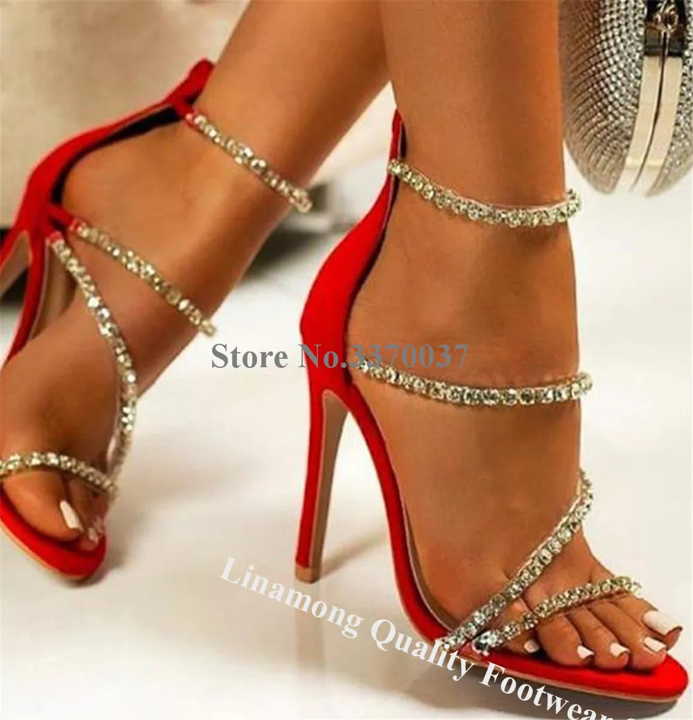 Linamong Bling Bling Rhinestones PVC Straps Thin Heel Sandals Charming Transprent Crystals White Red Stiletto Heel Wedding Heels