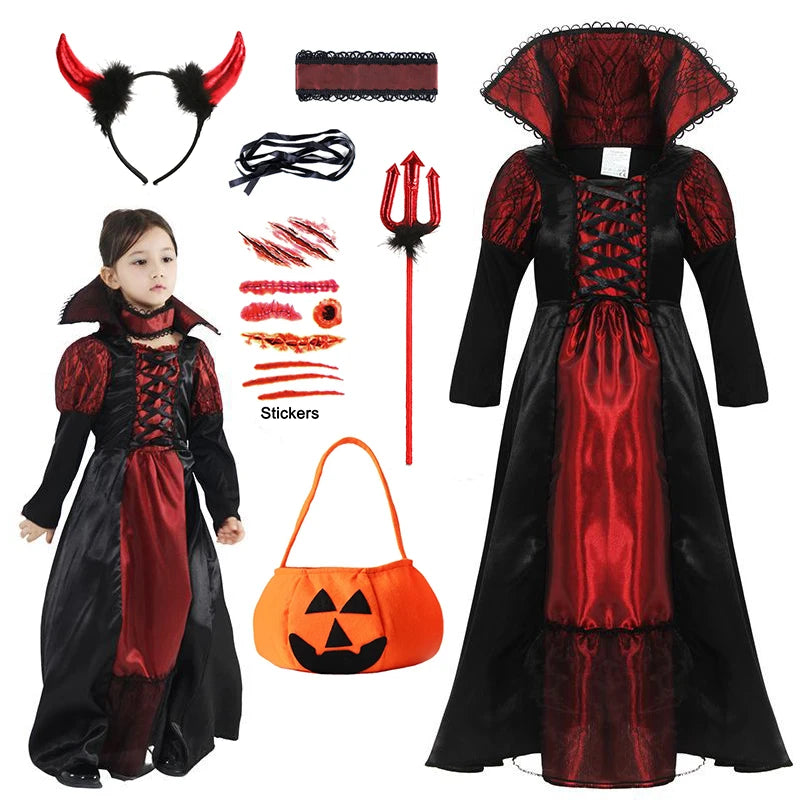 Baby Girls Halloween Ghost Bride Costume Children Cosplay Vampire Princess Dresses Kids Dress Clothes Gothic Carnival Party Gift