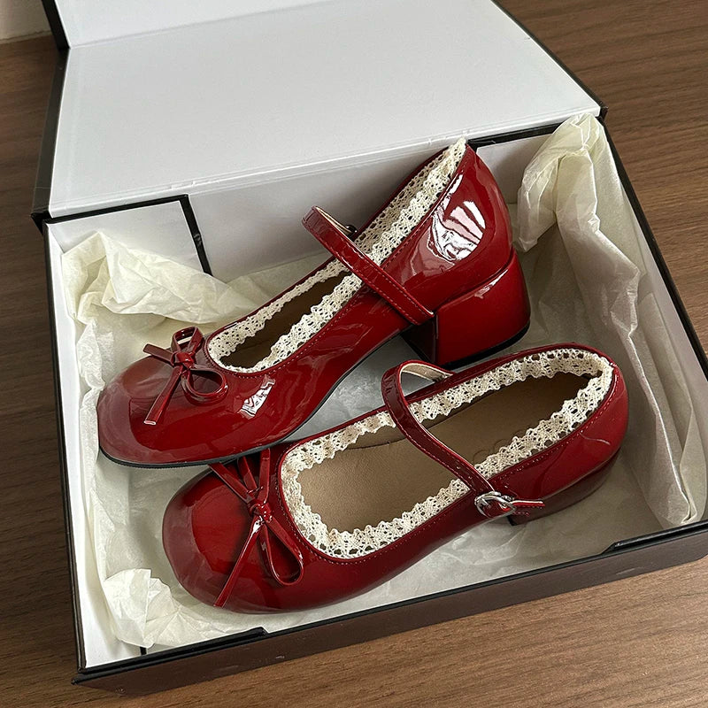 Butterfly-knot Women Mary Jane Shoes Elegant Patent Leather Wedding Party Thick Heel Ladies Footwear
