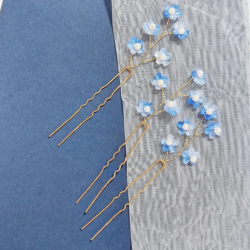 3PCS Women Blue Color Flower Hairpin Stick Wedding Bridal Crystal Pearl Hairpin U Shaped Hair Clip Barrettes Hair Accessories
